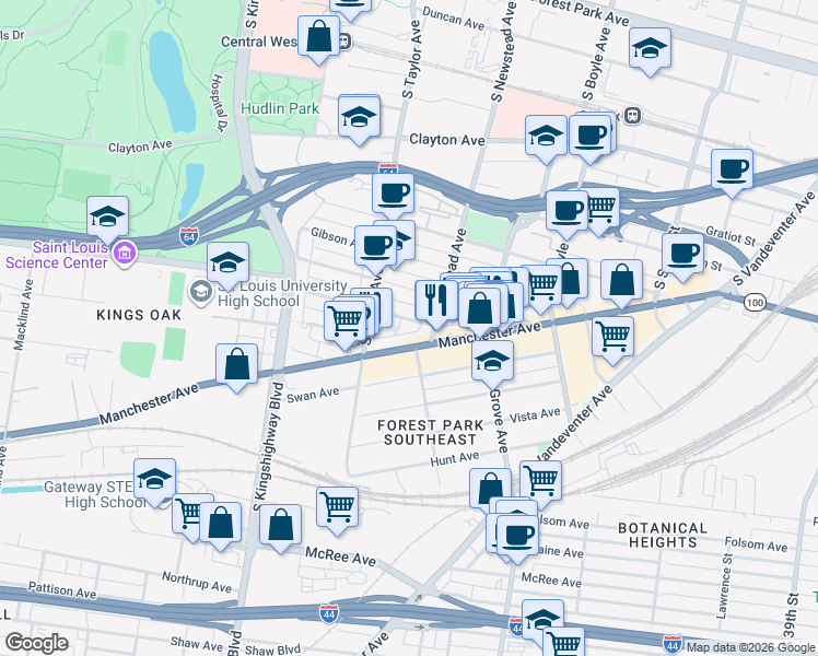 map of restaurants, bars, coffee shops, grocery stores, and more near 4370 Manchester Avenue in St. Louis