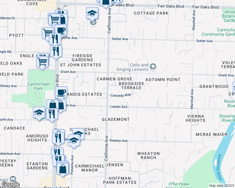 map of restaurants, bars, coffee shops, grocery stores, and more near 6233 Cassady Way in Carmichael