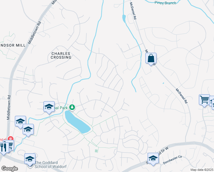map of restaurants, bars, coffee shops, grocery stores, and more near 10583 Frasier Fir Lane in Waldorf