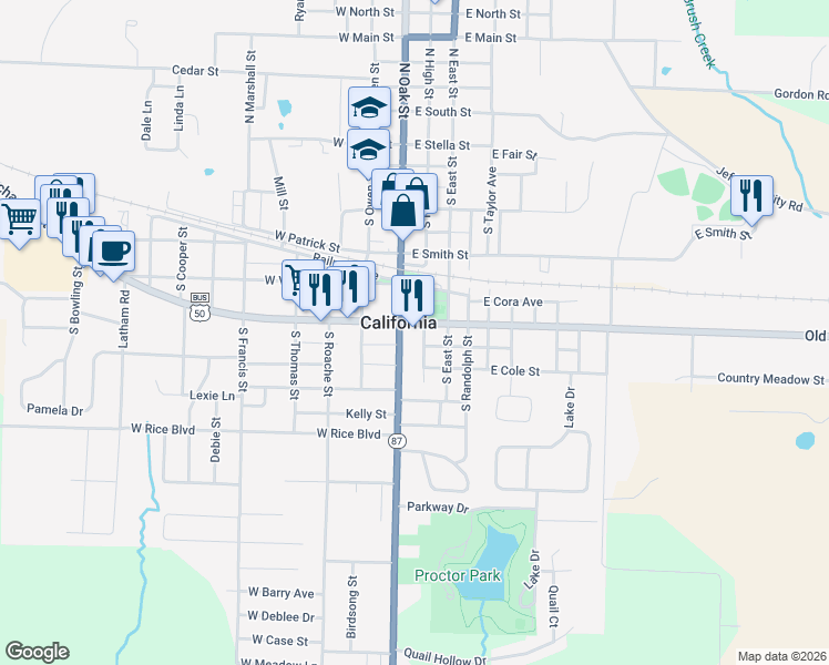 map of restaurants, bars, coffee shops, grocery stores, and more near 600 South Oak Street in California
