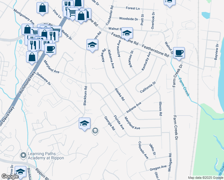 map of restaurants, bars, coffee shops, grocery stores, and more near 1602 Kentucky Avenue in Woodbridge