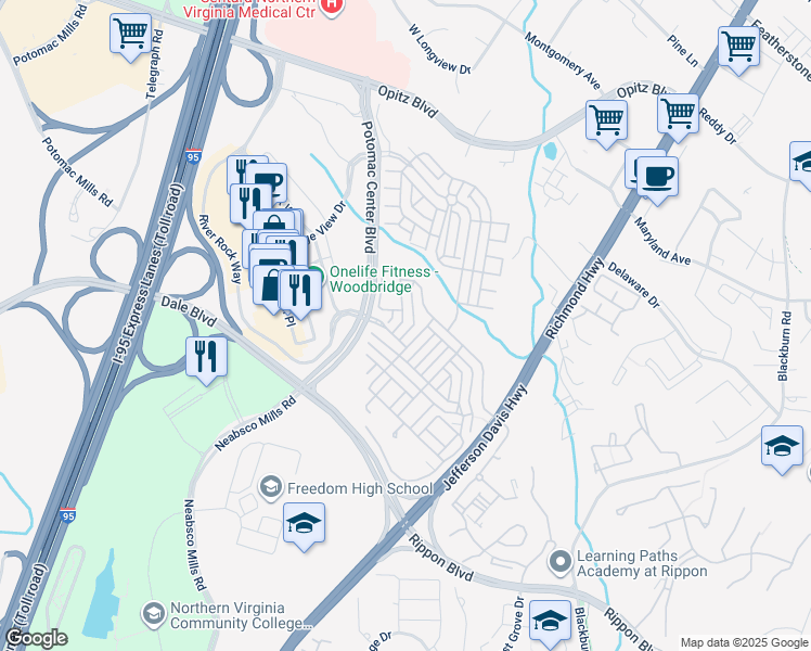 map of restaurants, bars, coffee shops, grocery stores, and more near 2466 Eastbourne Drive in Woodbridge