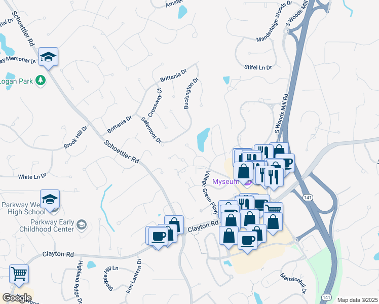 map of restaurants, bars, coffee shops, grocery stores, and more near 2047 Kentmore Lane in Chesterfield