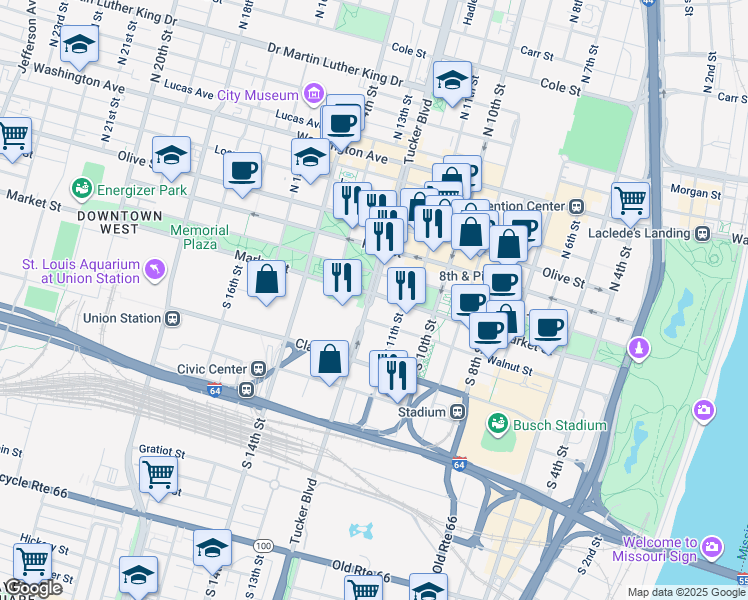 map of restaurants, bars, coffee shops, grocery stores, and more near in St. Louis