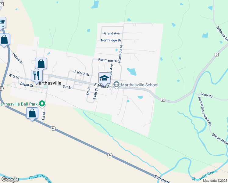 map of restaurants, bars, coffee shops, grocery stores, and more near 103 Griswold Avenue in Marthasville