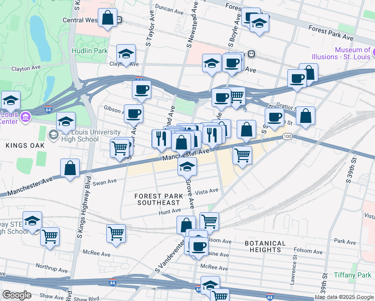 map of restaurants, bars, coffee shops, grocery stores, and more near 4251 Arco Avenue in St. Louis