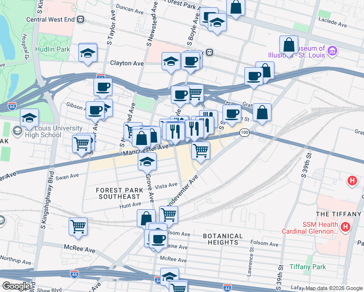 map of restaurants, bars, coffee shops, grocery stores, and more near 4184 Manchester Avenue in St. Louis