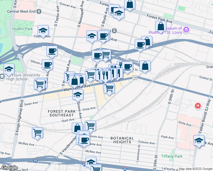 map of restaurants, bars, coffee shops, grocery stores, and more near 4145 Manchester Avenue in St. Louis