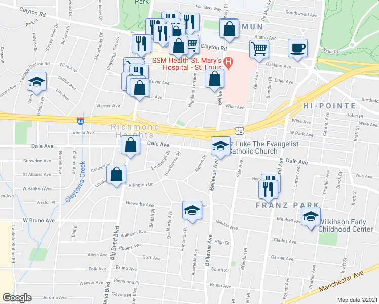 map of restaurants, bars, coffee shops, grocery stores, and more near 7344 Dale Avenue in St. Louis