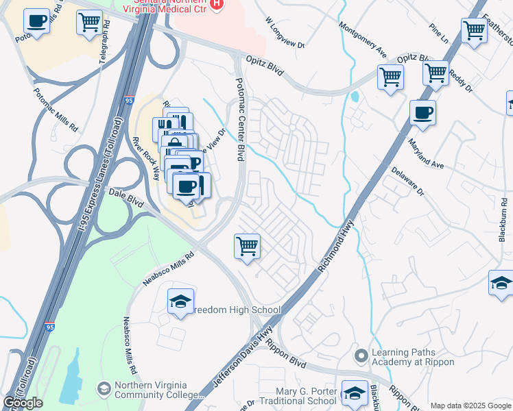 map of restaurants, bars, coffee shops, grocery stores, and more near 2459 Eastbourne Drive in Woodbridge