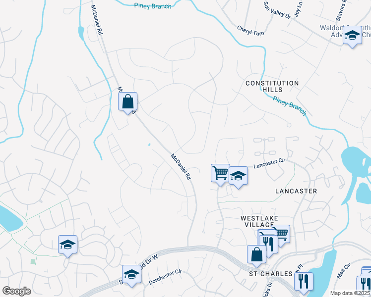 map of restaurants, bars, coffee shops, grocery stores, and more near 10675 Sourwood Avenue in Waldorf
