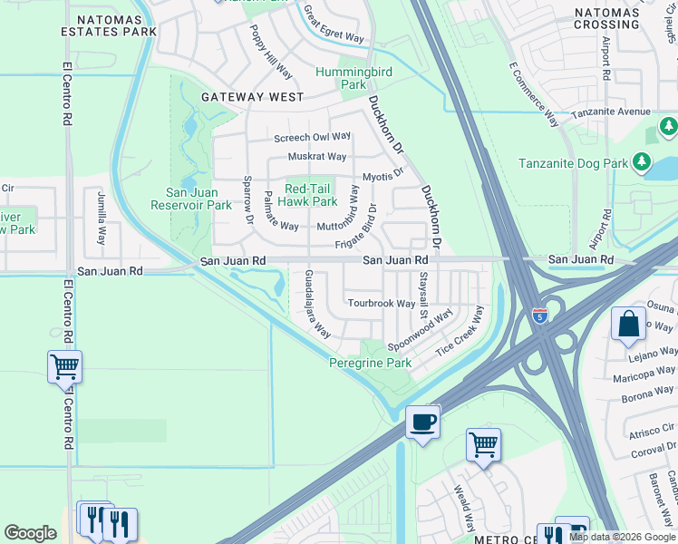 map of restaurants, bars, coffee shops, grocery stores, and more near 2946 Frigate Bird Drive in Sacramento