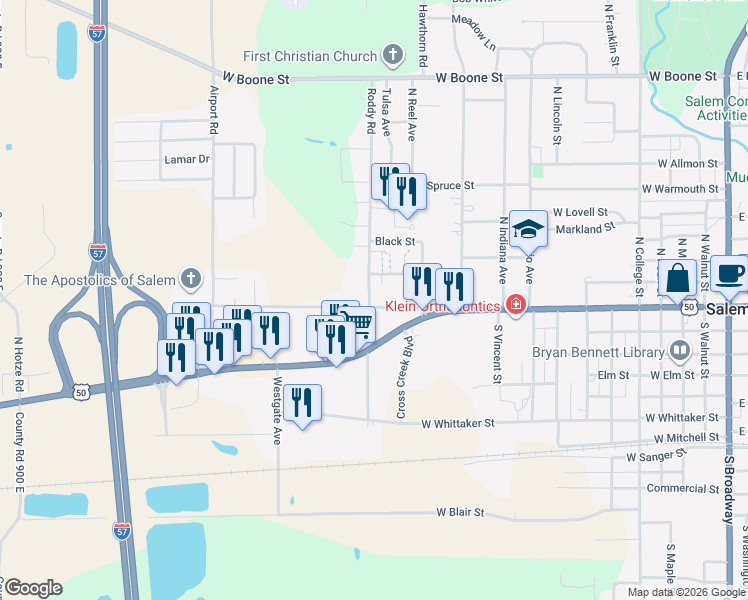 map of restaurants, bars, coffee shops, grocery stores, and more near 175-299 West Schwartz Street in Salem