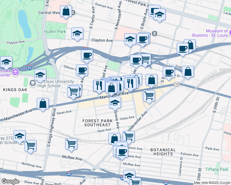 map of restaurants, bars, coffee shops, grocery stores, and more near 4251 Arco Avenue in St. Louis