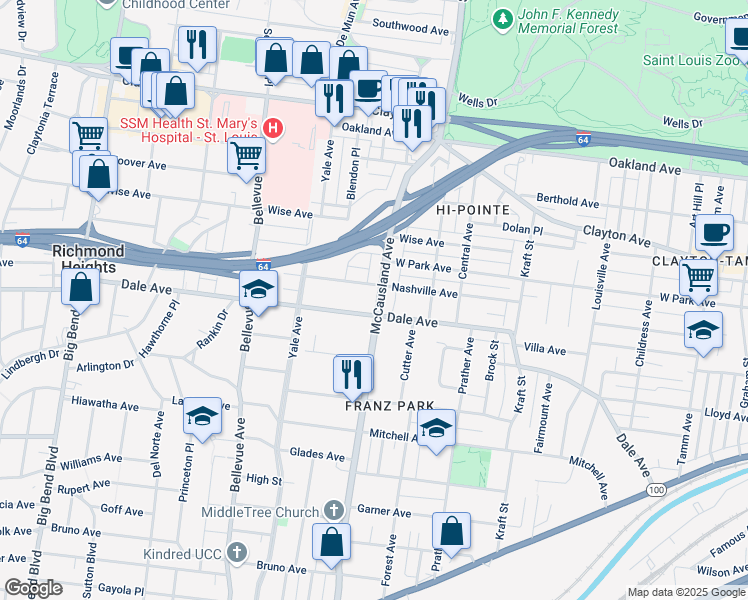 map of restaurants, bars, coffee shops, grocery stores, and more near 7015 Nashville Avenue in St. Louis
