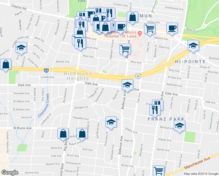 map of restaurants, bars, coffee shops, grocery stores, and more near 1332 Hawthorne Place in St. Louis