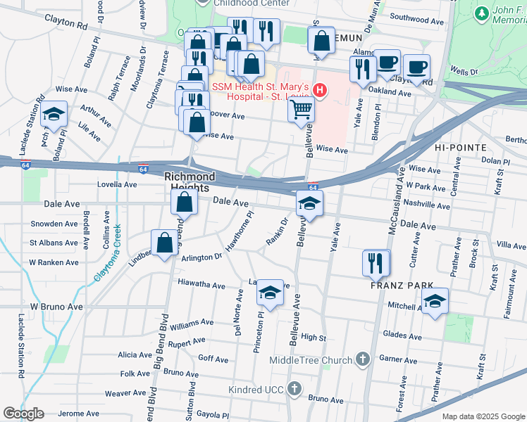 map of restaurants, bars, coffee shops, grocery stores, and more near 1332 Hawthorne Place in St. Louis