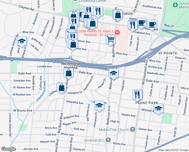 map of restaurants, bars, coffee shops, grocery stores, and more near 1332 Hawthorne Place in St. Louis