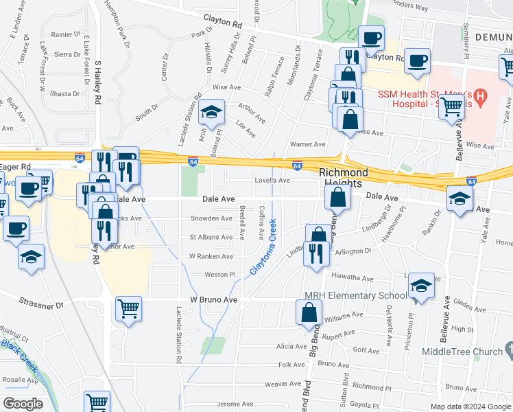map of restaurants, bars, coffee shops, grocery stores, and more near 7707 Dale Avenue in Richmond Heights