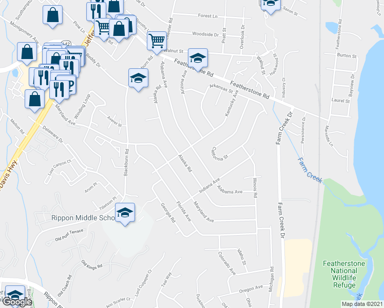 map of restaurants, bars, coffee shops, grocery stores, and more near 15002 Alabama Avenue in Woodbridge