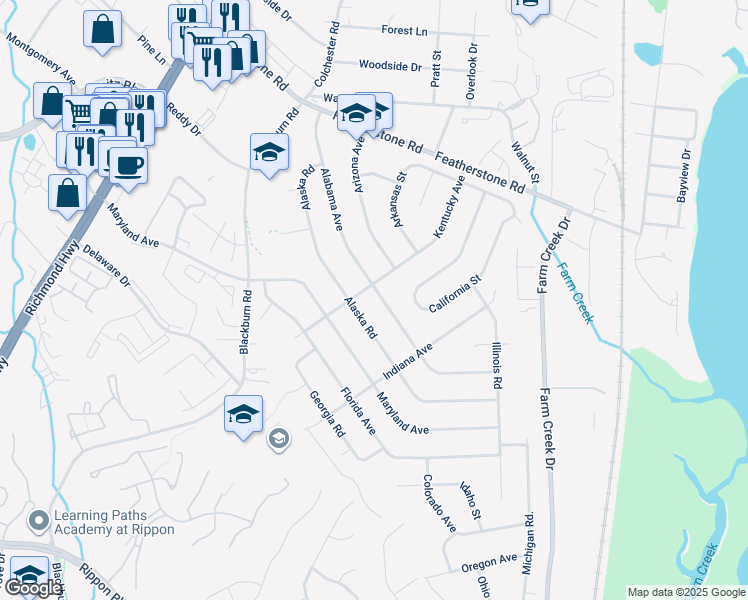 map of restaurants, bars, coffee shops, grocery stores, and more near 15002 Alabama Avenue in Woodbridge