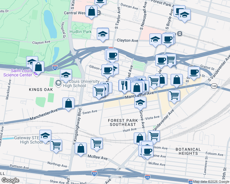 map of restaurants, bars, coffee shops, grocery stores, and more near 4420 Arco Avenue in St. Louis