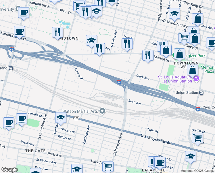 map of restaurants, bars, coffee shops, grocery stores, and more near 2675 Scott Avenue in St. Louis