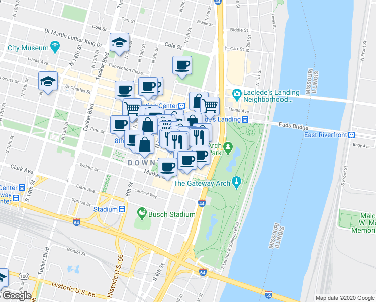 map of restaurants, bars, coffee shops, grocery stores, and more near 301 North Broadway in St. Louis