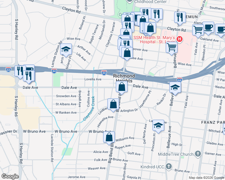 map of restaurants, bars, coffee shops, grocery stores, and more near 7515 Dale Avenue in Richmond Heights