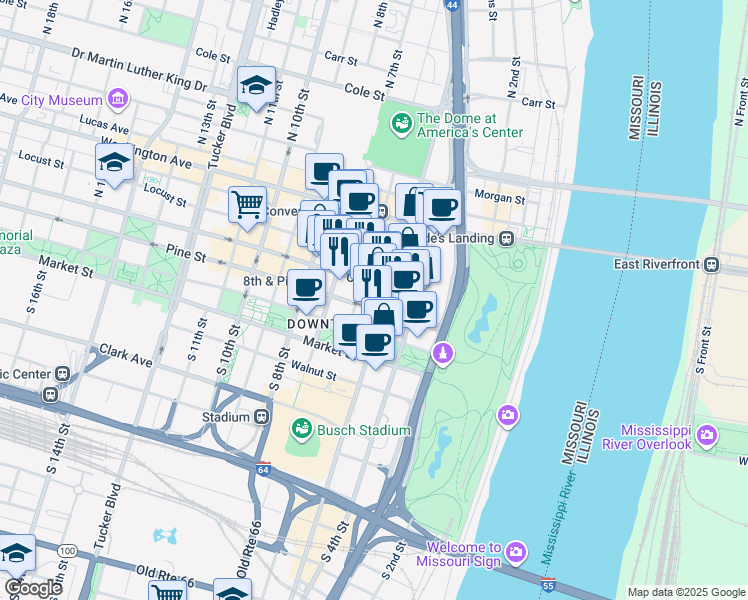 map of restaurants, bars, coffee shops, grocery stores, and more near 301 North Broadway in St. Louis
