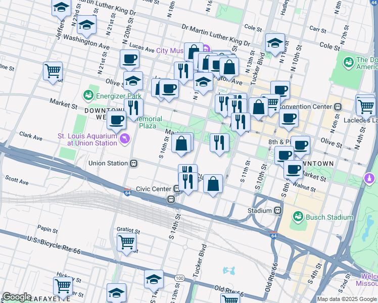 map of restaurants, bars, coffee shops, grocery stores, and more near 1520 Market Street in St. Louis