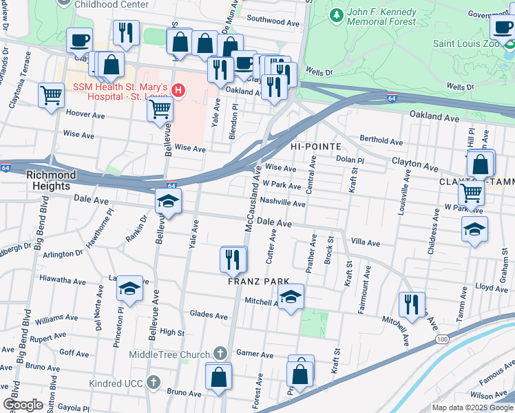 map of restaurants, bars, coffee shops, grocery stores, and more near 6937 Nashville Avenue in St. Louis