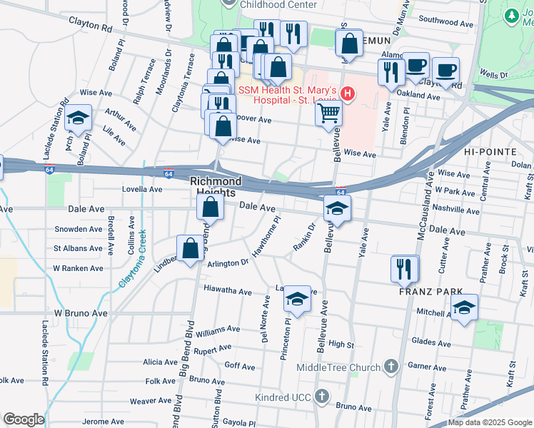 map of restaurants, bars, coffee shops, grocery stores, and more near 1336 Highland Terrace in Richmond Heights