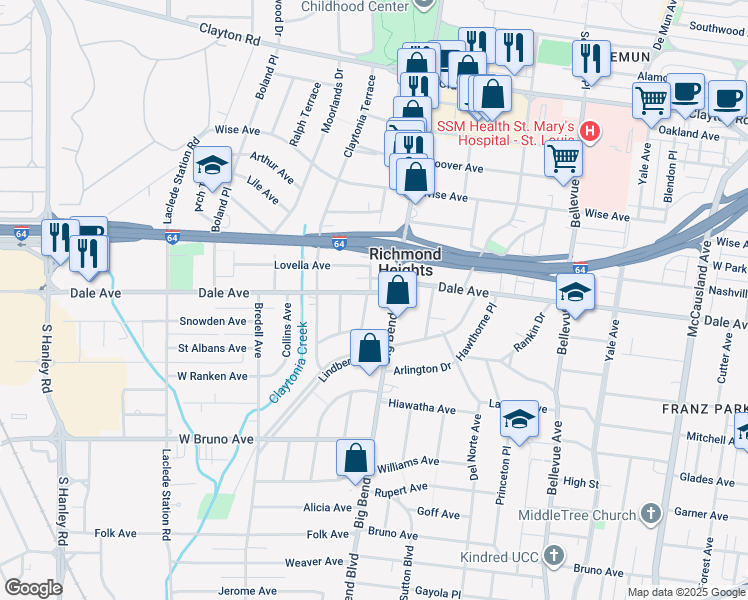 map of restaurants, bars, coffee shops, grocery stores, and more near 7515 Dale Avenue in Richmond Heights