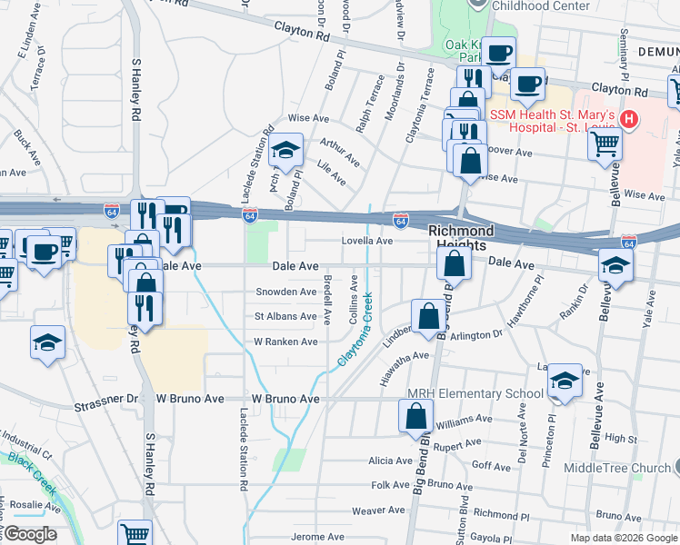 map of restaurants, bars, coffee shops, grocery stores, and more near 7707 Dale Avenue in Richmond Heights