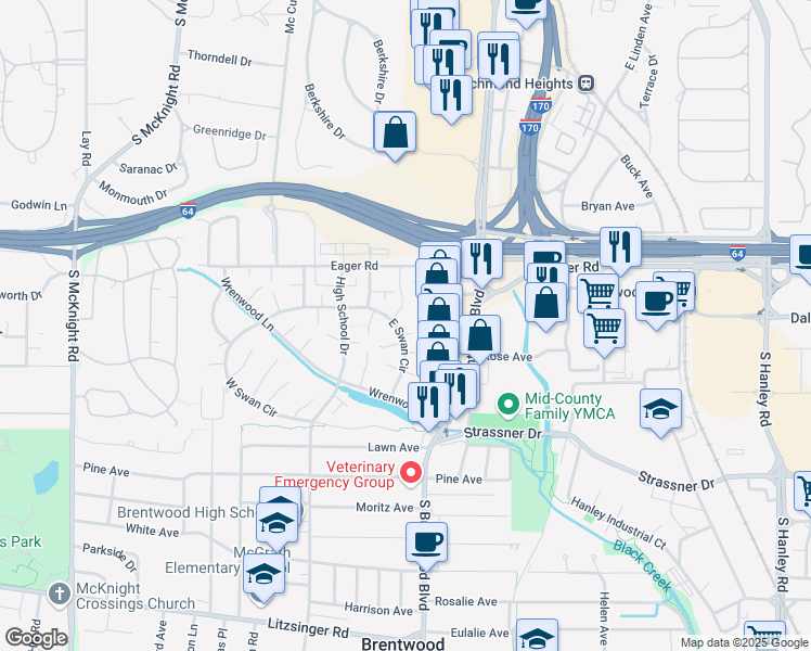 map of restaurants, bars, coffee shops, grocery stores, and more near 1441 Bluebird Terrace in St. Louis