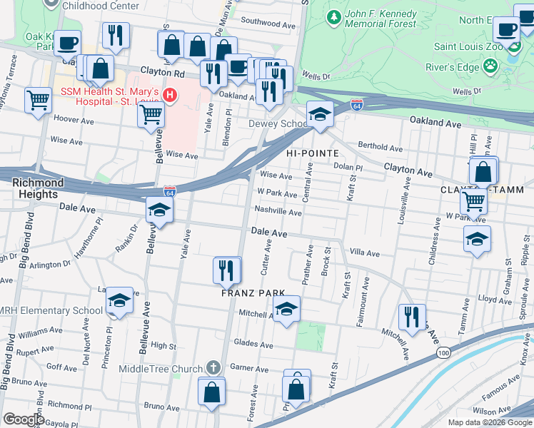 map of restaurants, bars, coffee shops, grocery stores, and more near 6937 Nashville Avenue in St. Louis