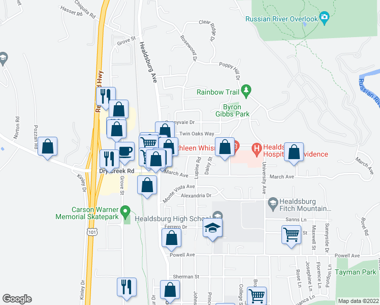 map of restaurants, bars, coffee shops, grocery stores, and more near 229 Fuchsia Way in Healdsburg