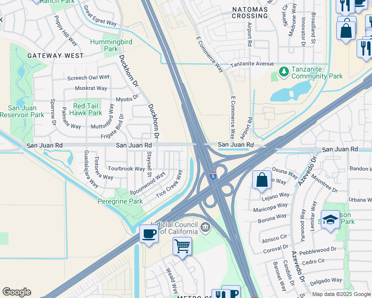 map of restaurants, bars, coffee shops, grocery stores, and more near 2501 Aimonetti Avenue in Sacramento