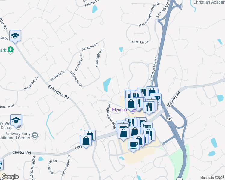 map of restaurants, bars, coffee shops, grocery stores, and more near 2026 Cannon Heights Drive in Chesterfield