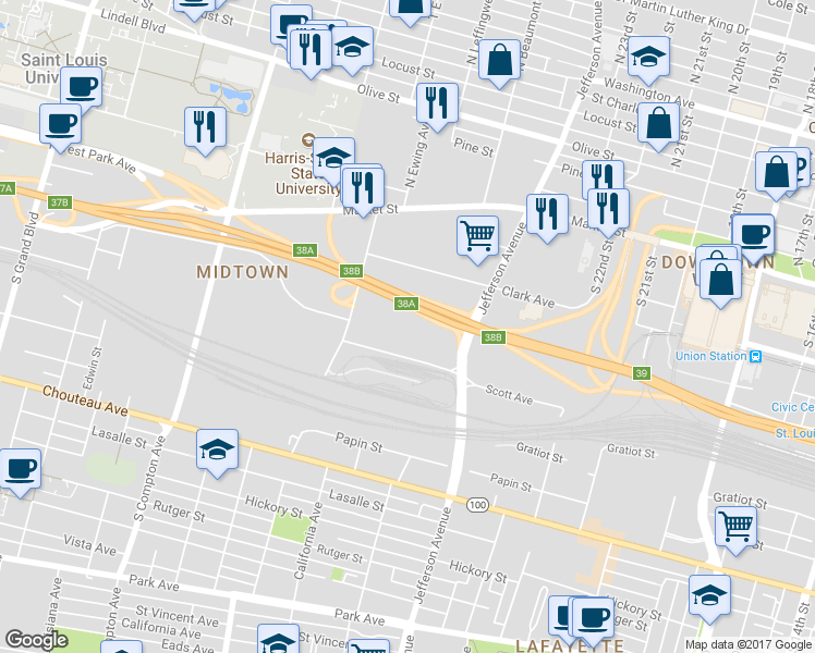 map of restaurants, bars, coffee shops, grocery stores, and more near 2675 Scott Avenue in St. Louis