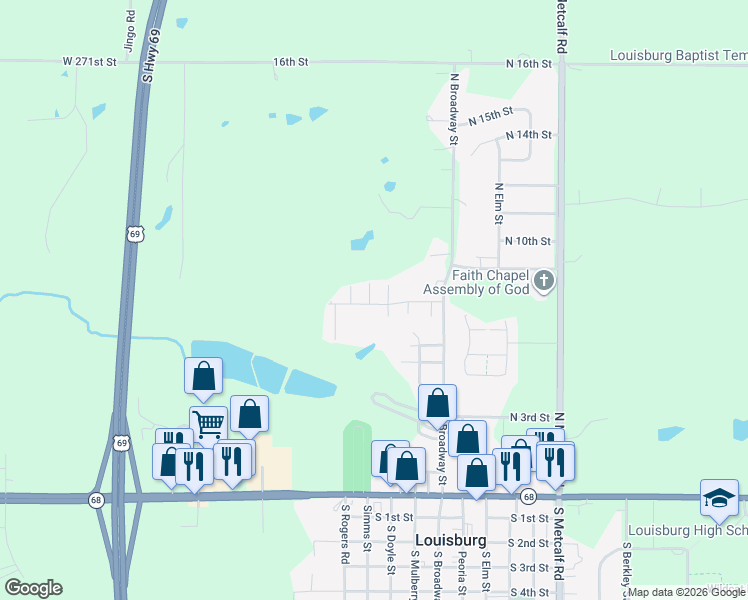 map of restaurants, bars, coffee shops, grocery stores, and more near 700 North Broadway Street in Louisburg
