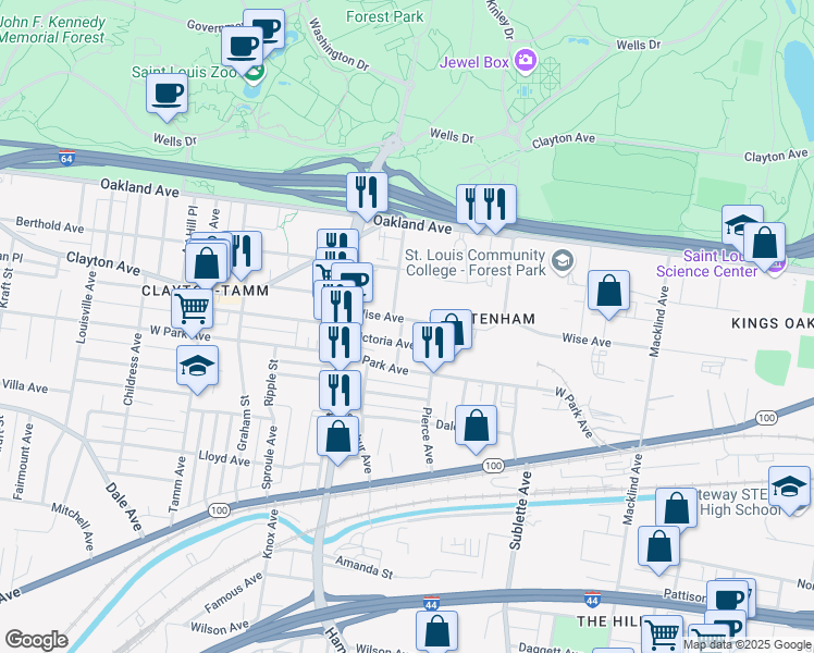 map of restaurants, bars, coffee shops, grocery stores, and more near 5832 Wise Avenue in St. Louis