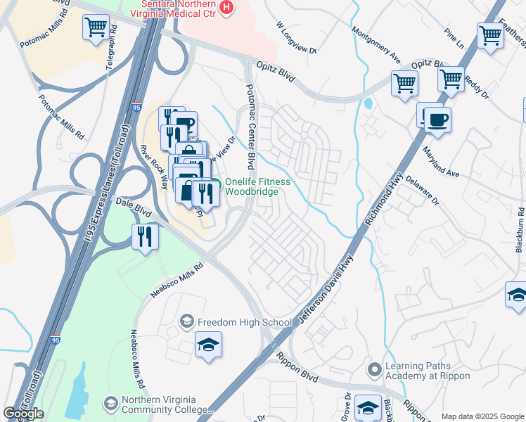 map of restaurants, bars, coffee shops, grocery stores, and more near 2696 Sheffield Hill Way in Woodbridge