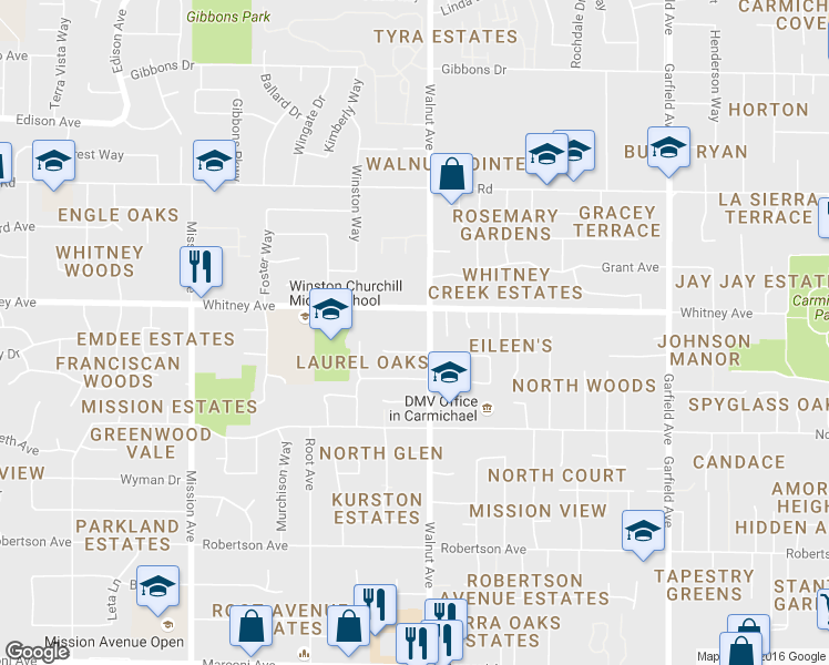 map of restaurants, bars, coffee shops, grocery stores, and more near 5032 Whitney Avenue in Carmichael