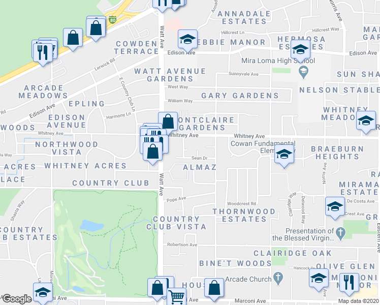 map of restaurants, bars, coffee shops, grocery stores, and more near 3411 Coleen Court in Sacramento