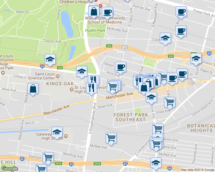 map of restaurants, bars, coffee shops, grocery stores, and more near 4530a Oakland Avenue in St. Louis