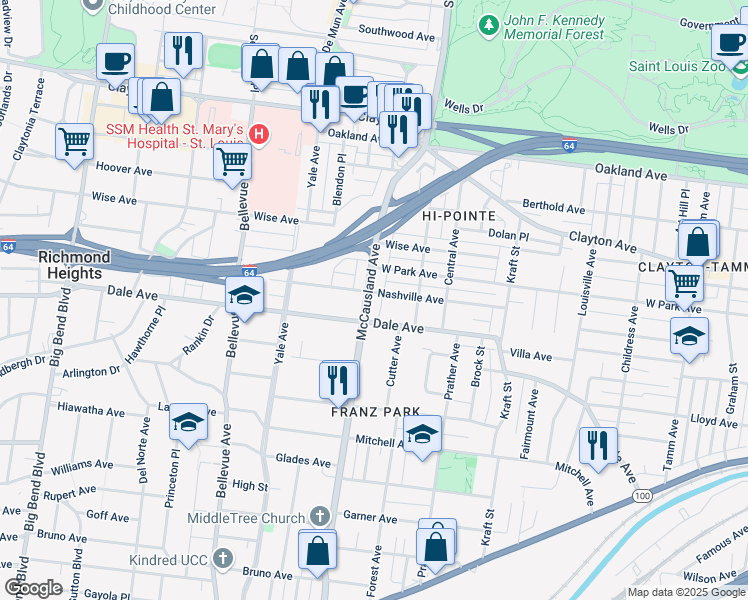 map of restaurants, bars, coffee shops, grocery stores, and more near 6937 Nashville Avenue in St. Louis