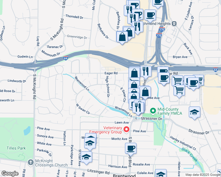 map of restaurants, bars, coffee shops, grocery stores, and more near 8901 North Swan Circle in Brentwood