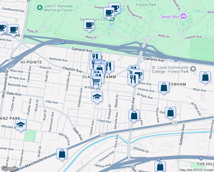 map of restaurants, bars, coffee shops, grocery stores, and more near 1235 Graham Street in St. Louis